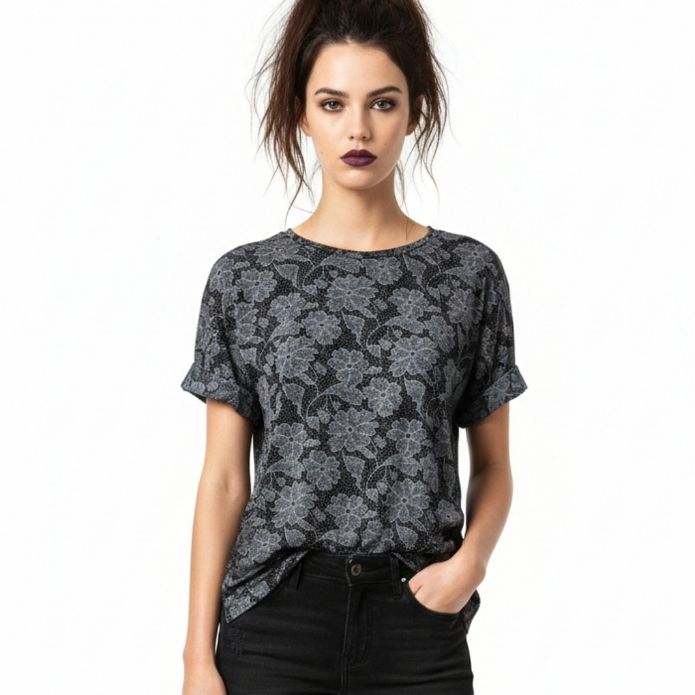 Vintage Impressions Tee Blouse Black Grunge Whimsigoth Fairy Floral L